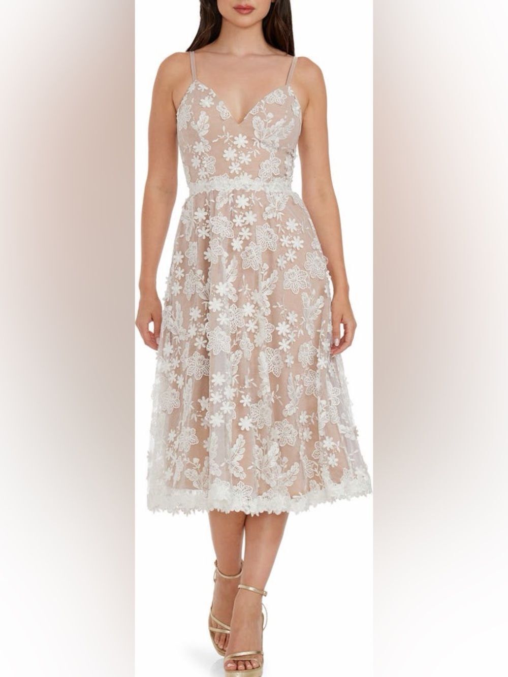 Dress the Population Floral Lace Midi Dress Nude White Size L NWT $298